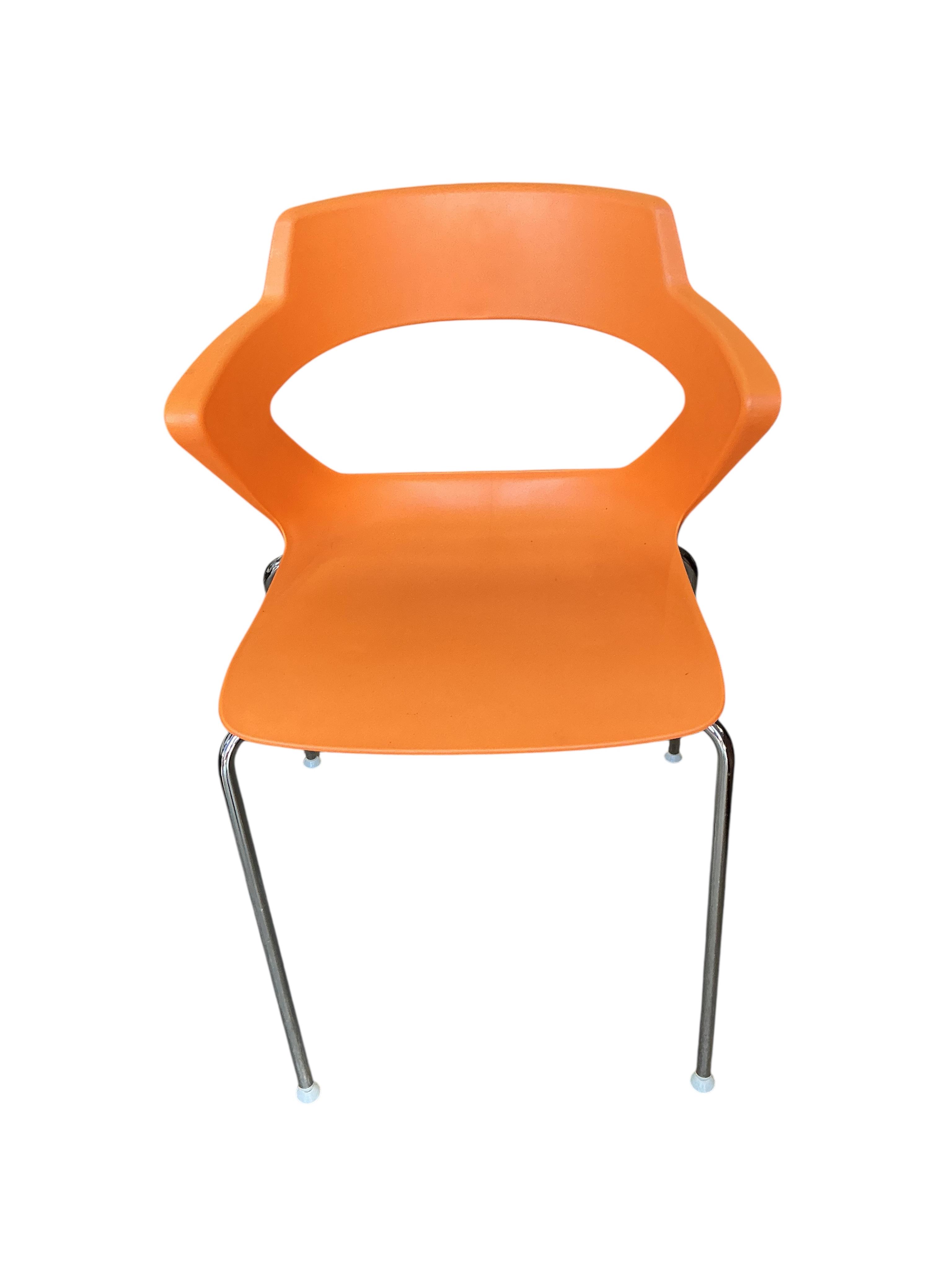 Paolo Lucidi and Luce Pevere for Elite, a set of six orange stacking chairs, width 55cm, depth 46cm, height 78cm